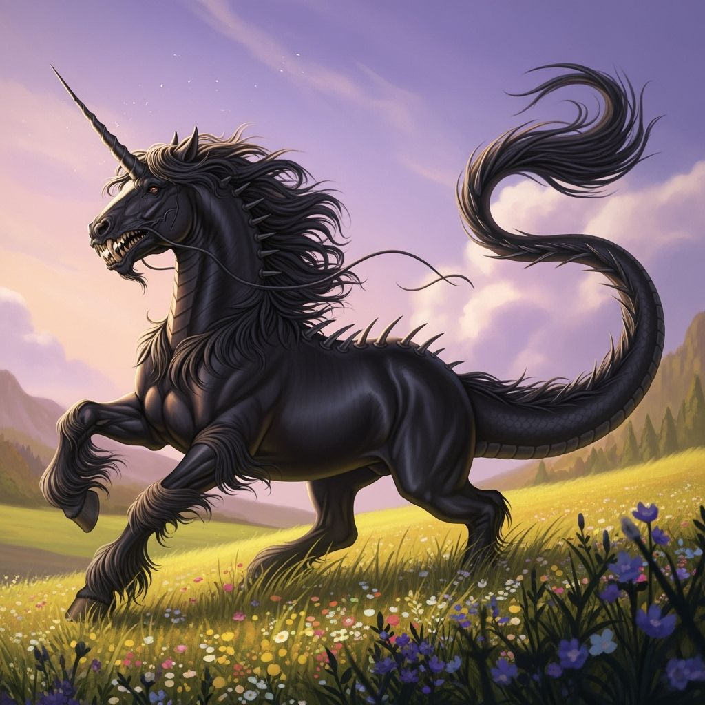 Majestic Black Unicorn-Dragon Hybrid in Vibrant Field