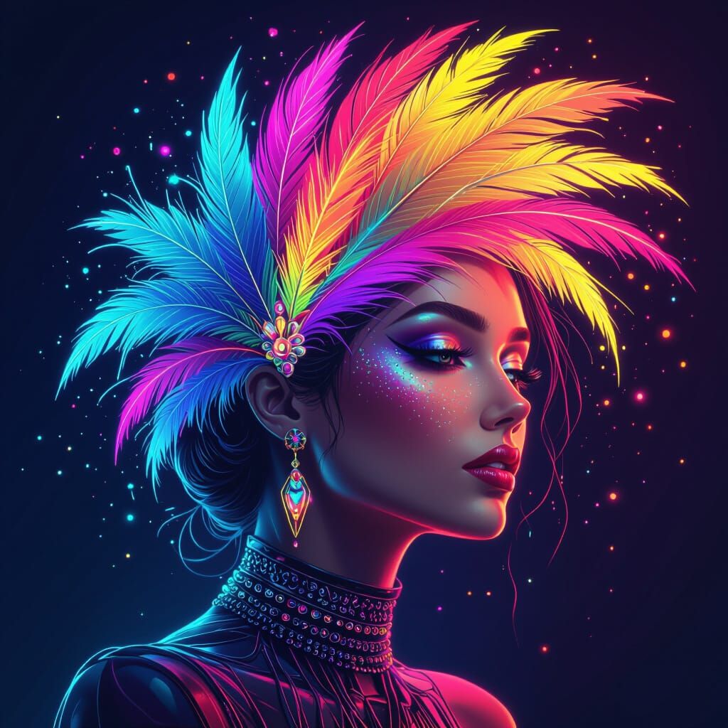 Opulent Feathered Icon Portrait, Hyperrealistic Digital Art