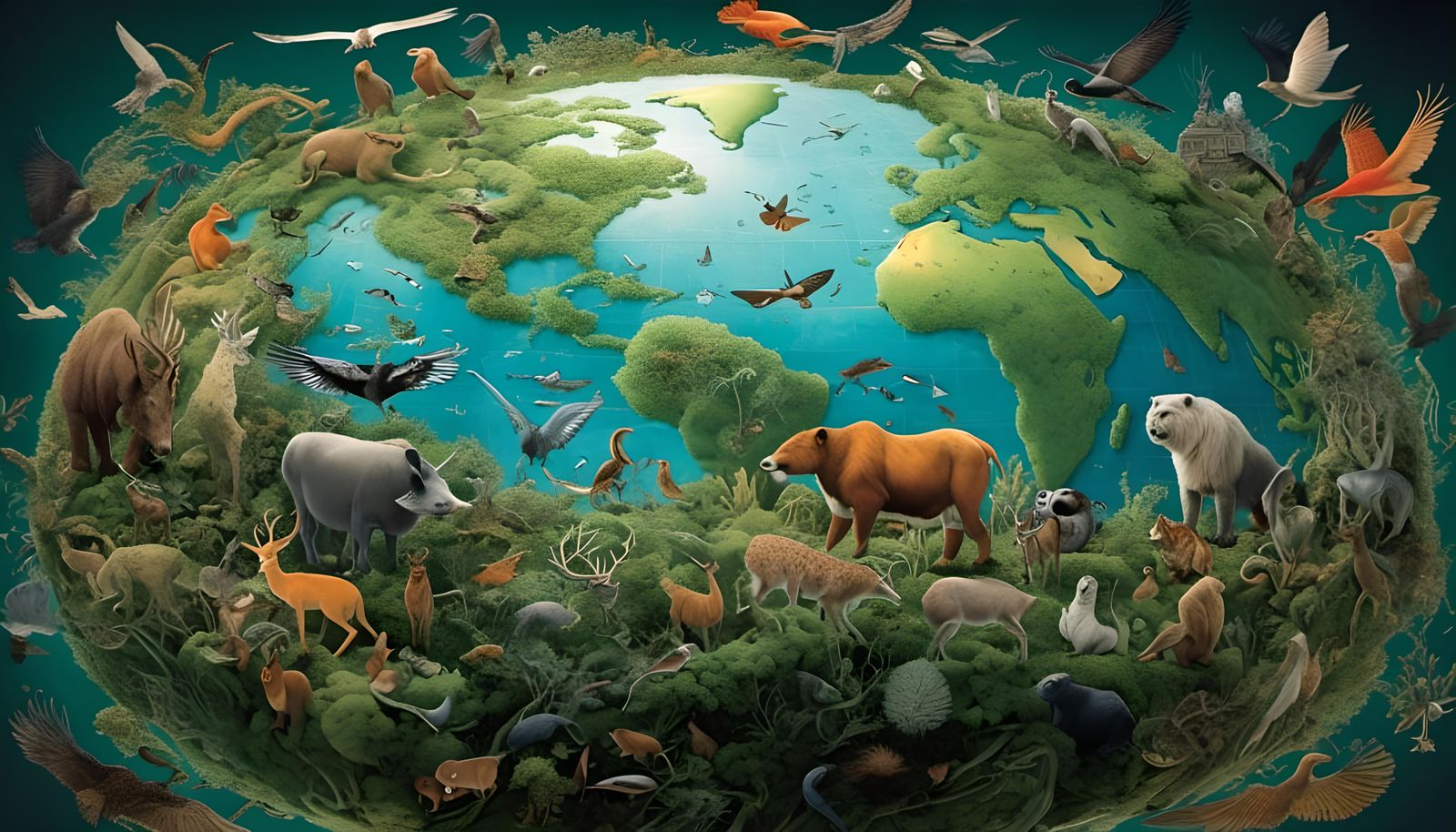Vivid Biogeography Map with Animals and Ecosystem