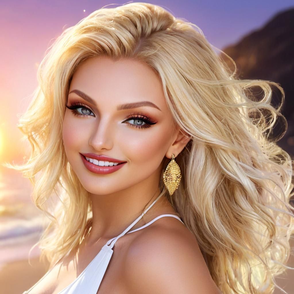 Blonde Bombshell Walks on Beach with Joyful Smile in Hyper-R...