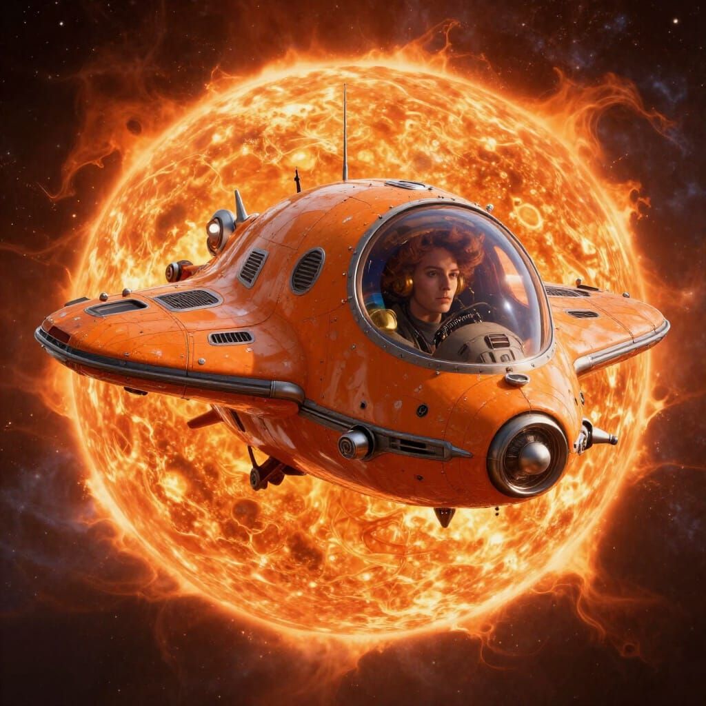Retro Orange Spaceship Near Orange Sun