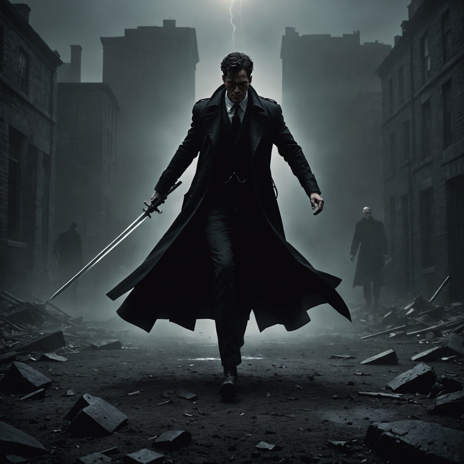 Noir Figure's Tragic Fall: Surreal Self-Destruction