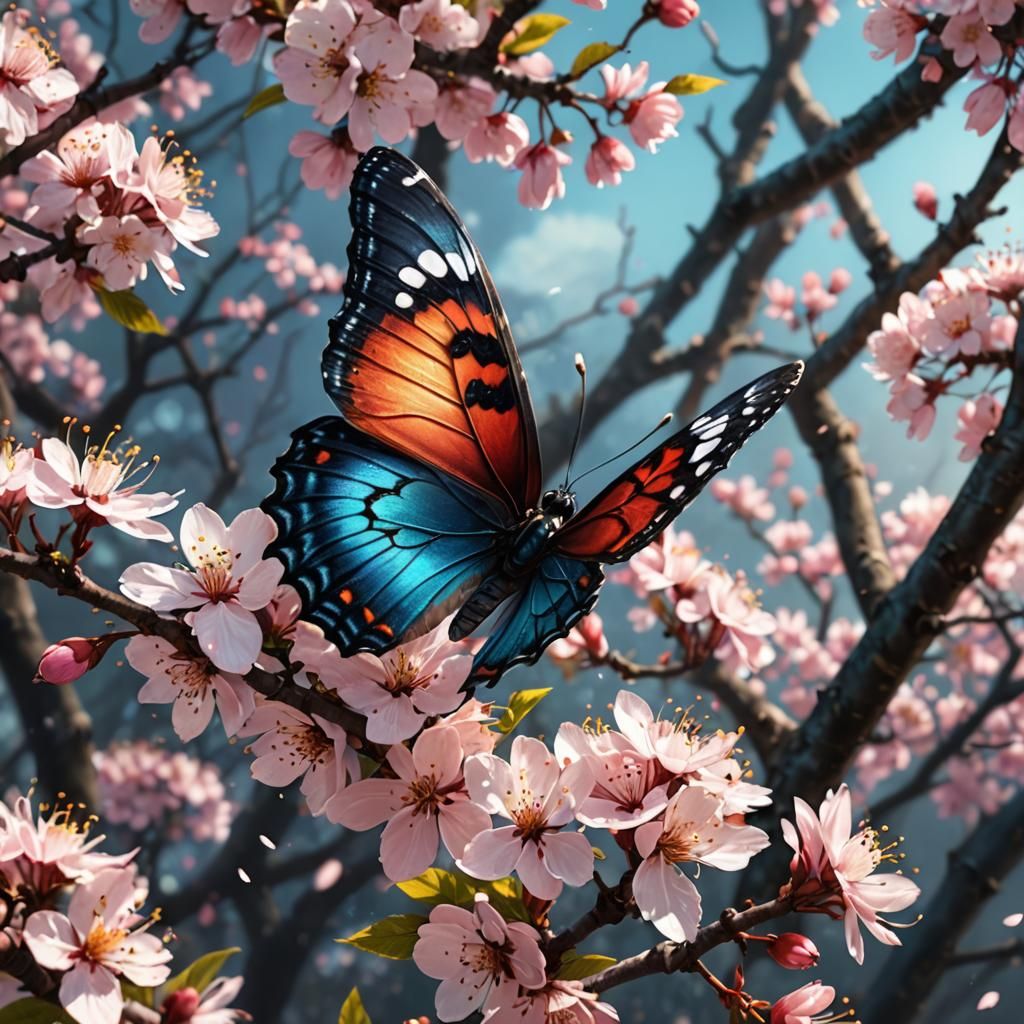 Colorful Butterfly and Cherry Blossom, Digital Art