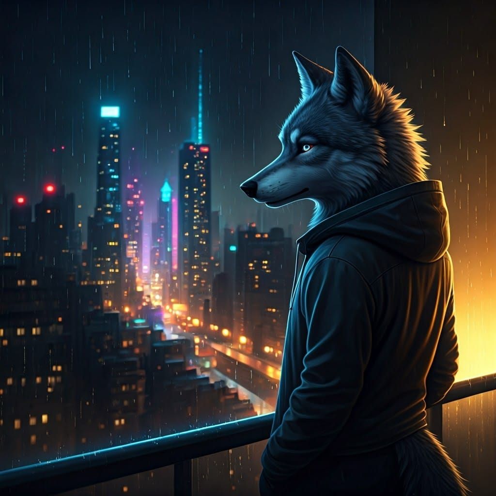 Anthropomorphic Wolf Stares Out at Rainy Cityscape in Neon-L...