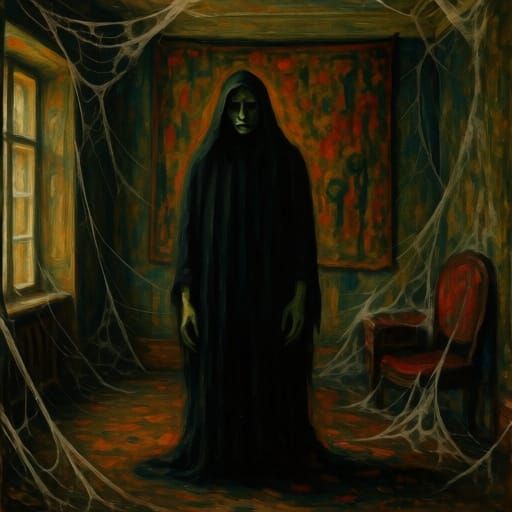 Solemn Figure in Old Room with Surrealist Elements