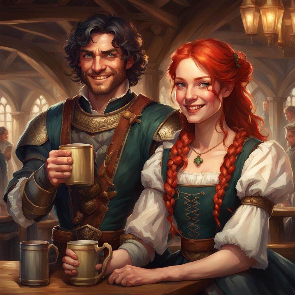 Medieval Tavern Scene: Irish Waitress and Knight