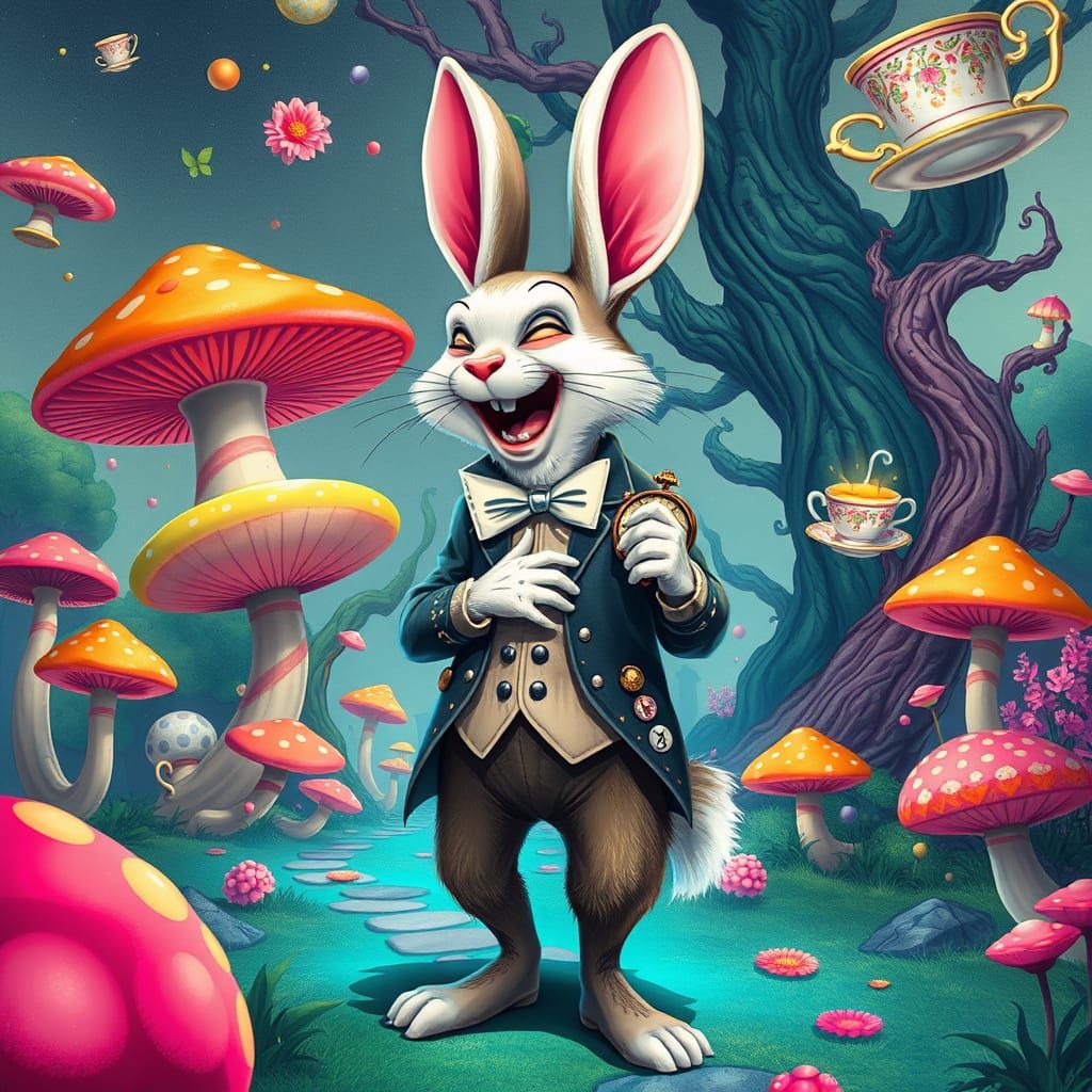 White Rabbit in Steampunk Wonderland, Digital Illustration