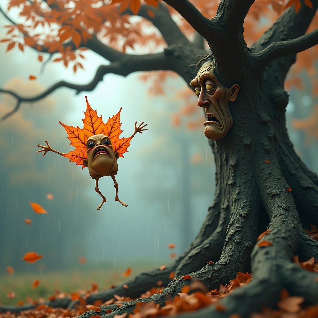 A crying, anthropomorphized maple leaf with a crying face fa...