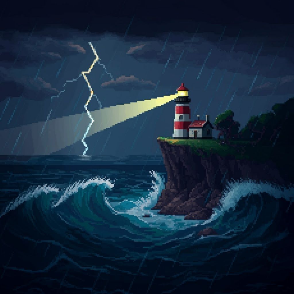 Stormy Lighthouse: 16-bit Pixel Art