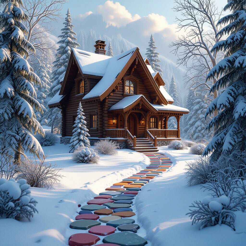 Snowy Wooden House in Detailed Matte Painting Style