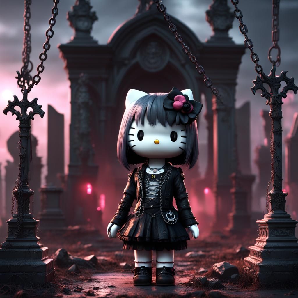 Goth Hello Kitty Crying in Graveyard: Detailed Matte Paintin...