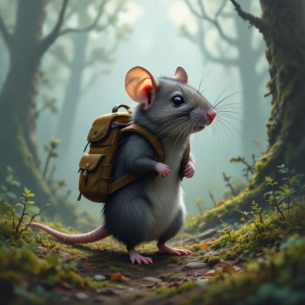 Bird-like Rat with Backpack in Whimsical Style