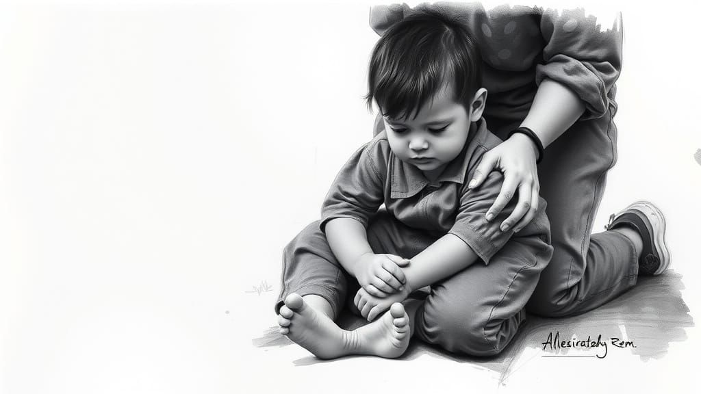 Parent Connects with Distraught Child in Tender Black and Wh...