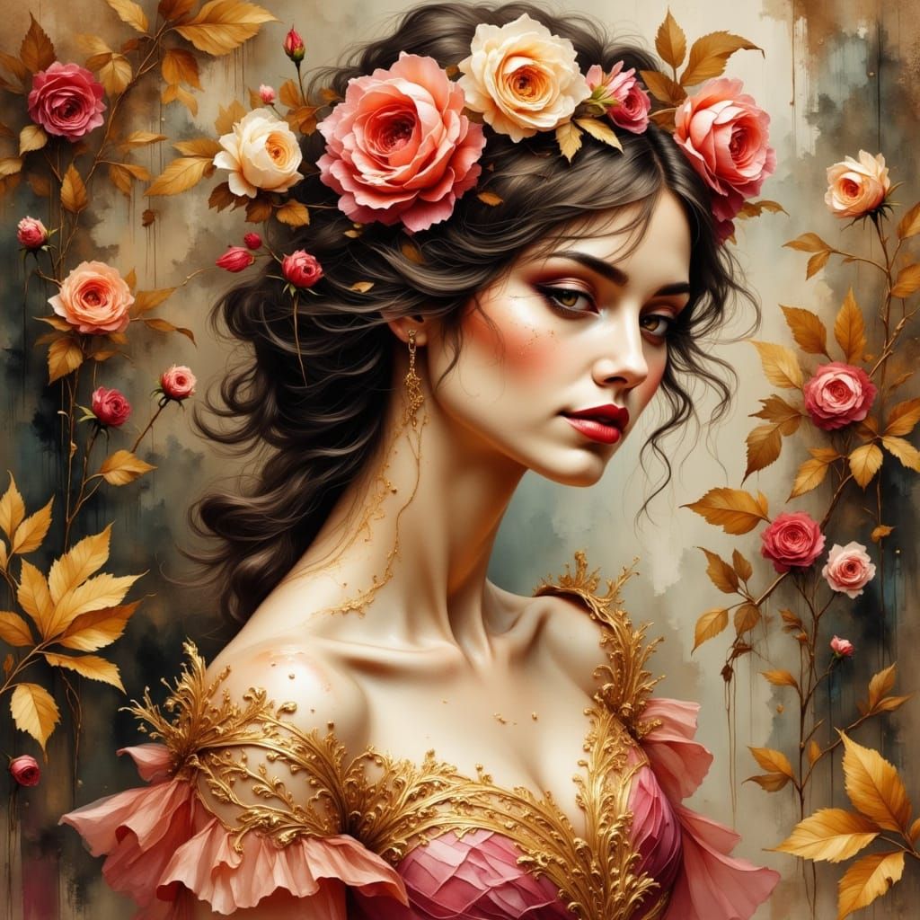 Ethereal Portrait of a Woman in Rose-Hued Gown amidst Autumn...