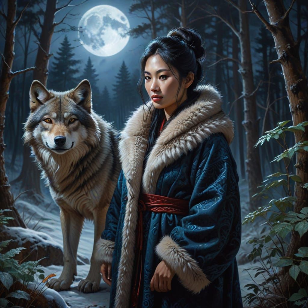 Asian Woman and Wolf in Moonlit Forest Oil Painting
