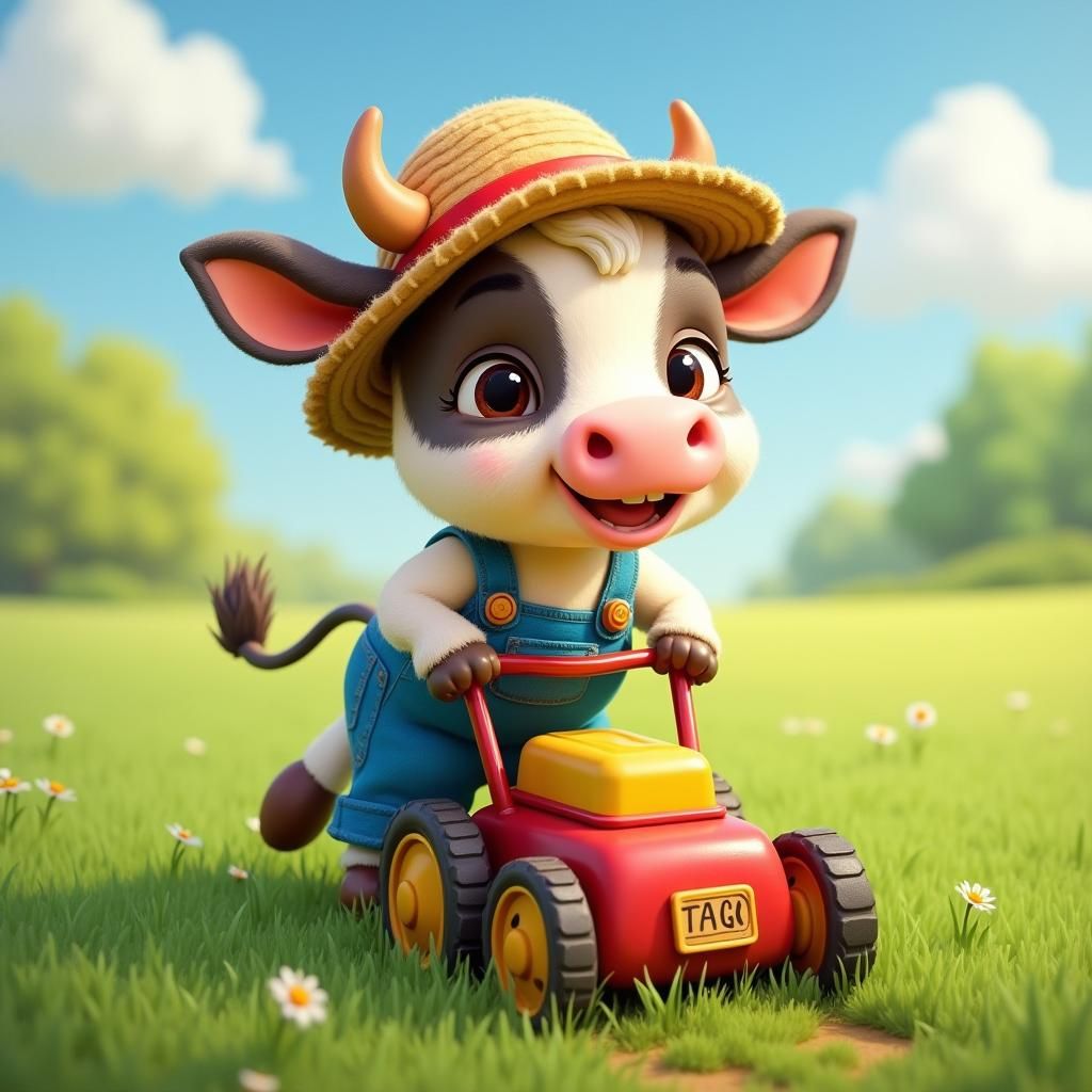 Cute Cartoon Cow Mowing Lawn: Oil Painting