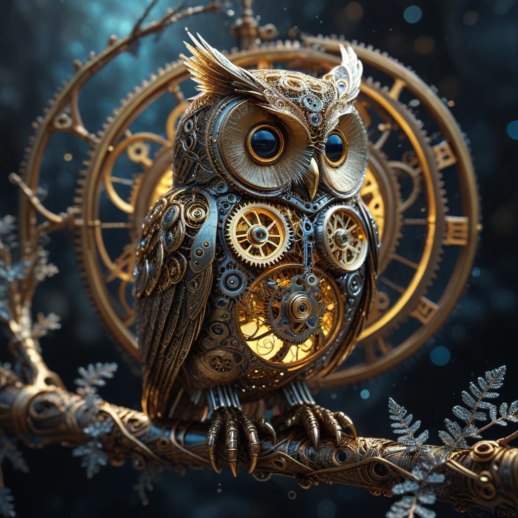 Clockwork Owl on Golden Threads in Steampunk Fantasy Style