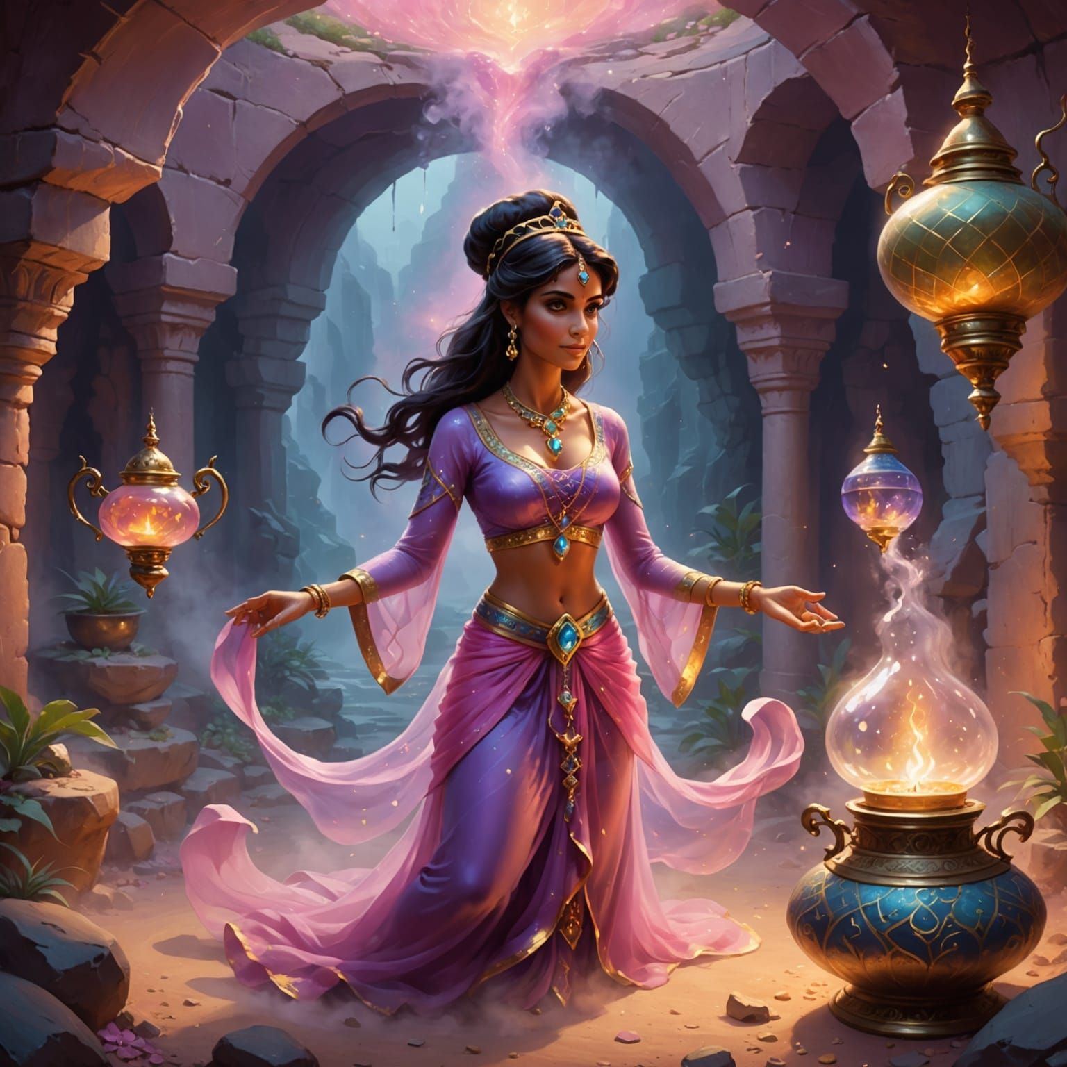 Beautiful Genie Emerges from Lamp in Treasure Cave