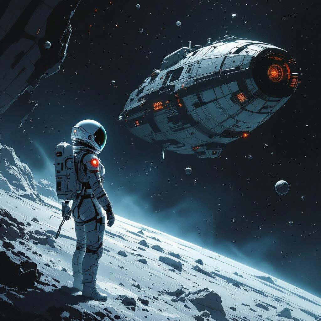 Astronaut Adrift in Cosmic Void Near Derelict Spaceship