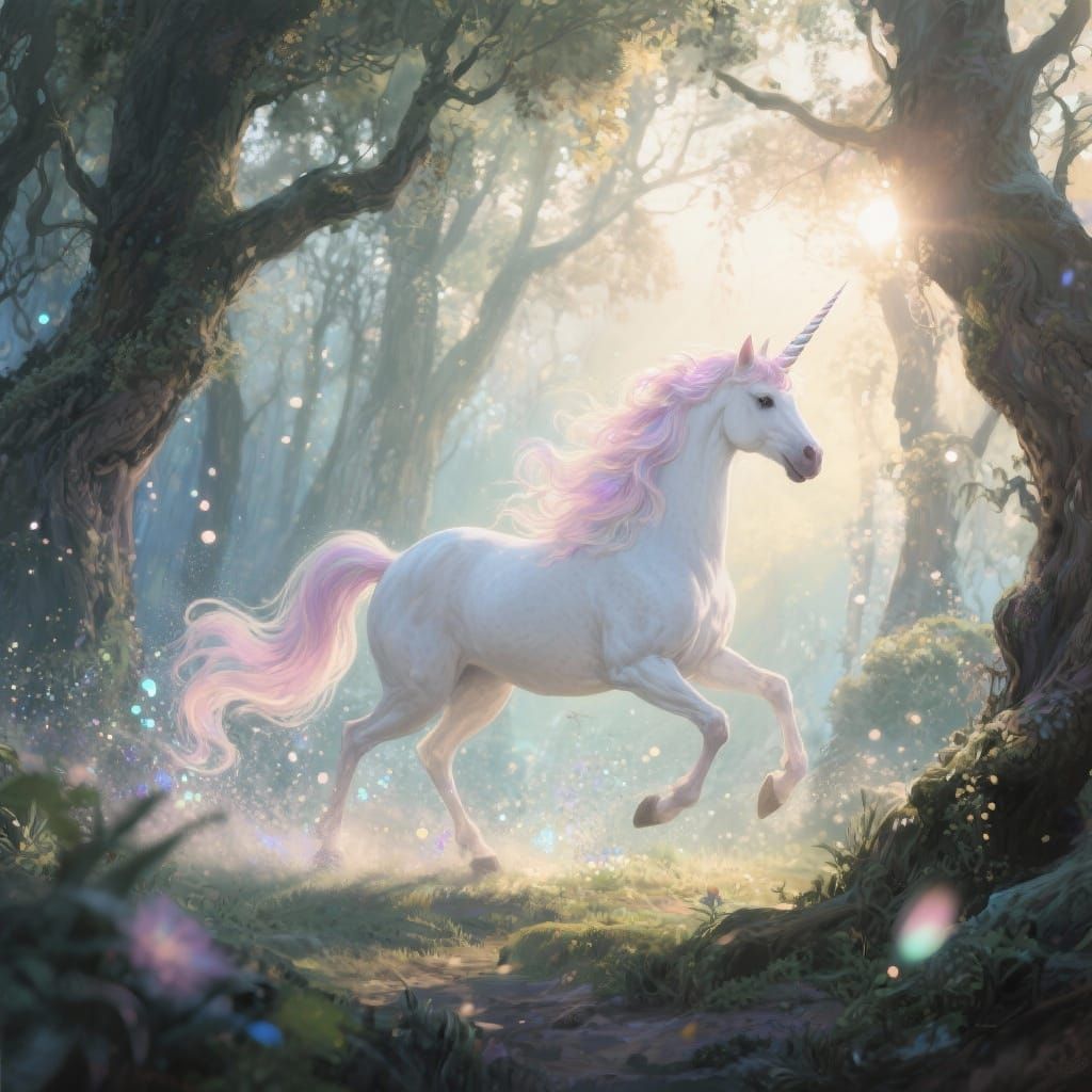 Majestic Unicorn in Mystical Forest at Dawn