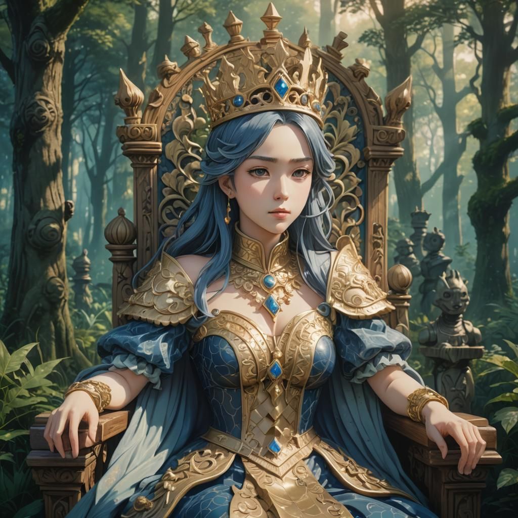 Regal Chess Queen Portrait in Surreal Anime Style