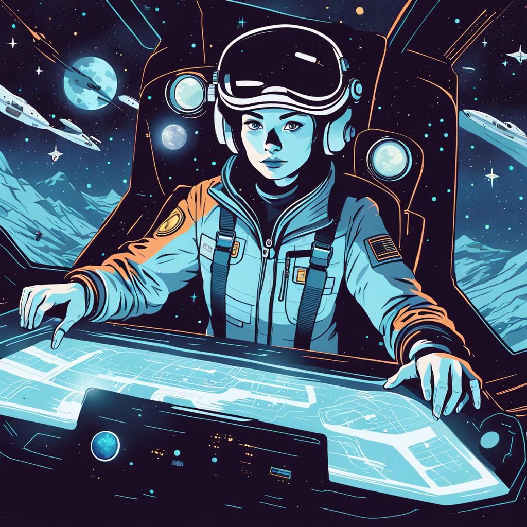 Female Spacecraft Pilot Navigating Ship, Gravity Falls Style