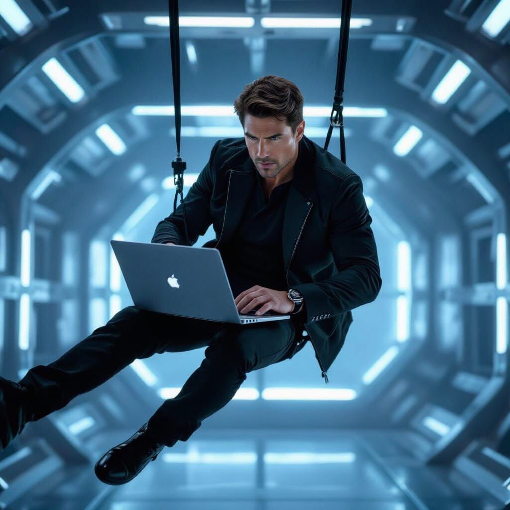 Man Designing Logo Suspended from Ceiling, Cinematic Style