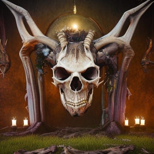 Rotting Zombie Goat Skulls on Altar: Fantasy Art