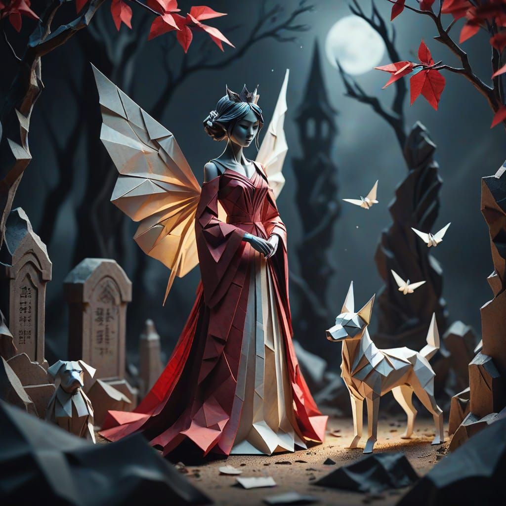 Ethereal Paper Fairy Queen in Dark Fantasy Graveyard