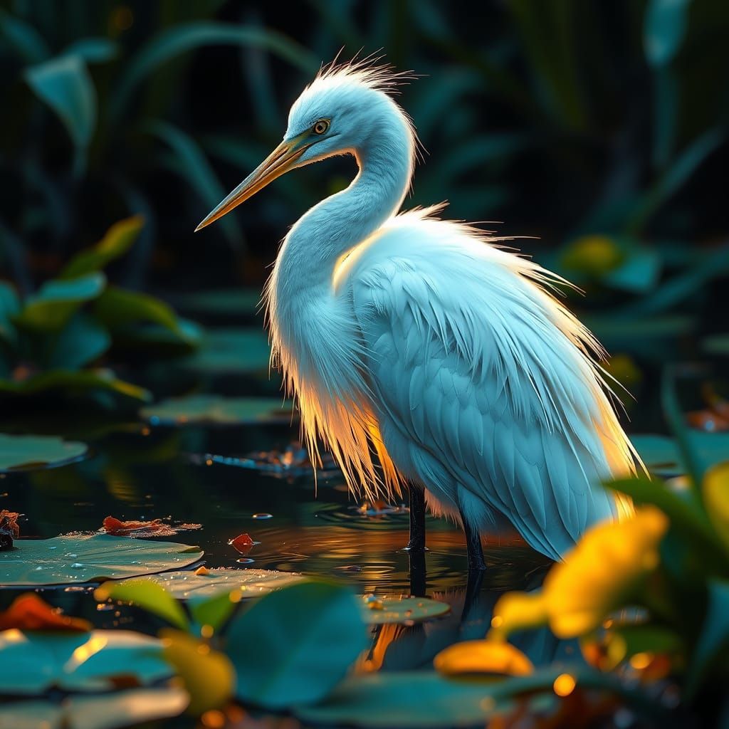 Egret in Pond with Glistening Feathers in Alcohol Ink