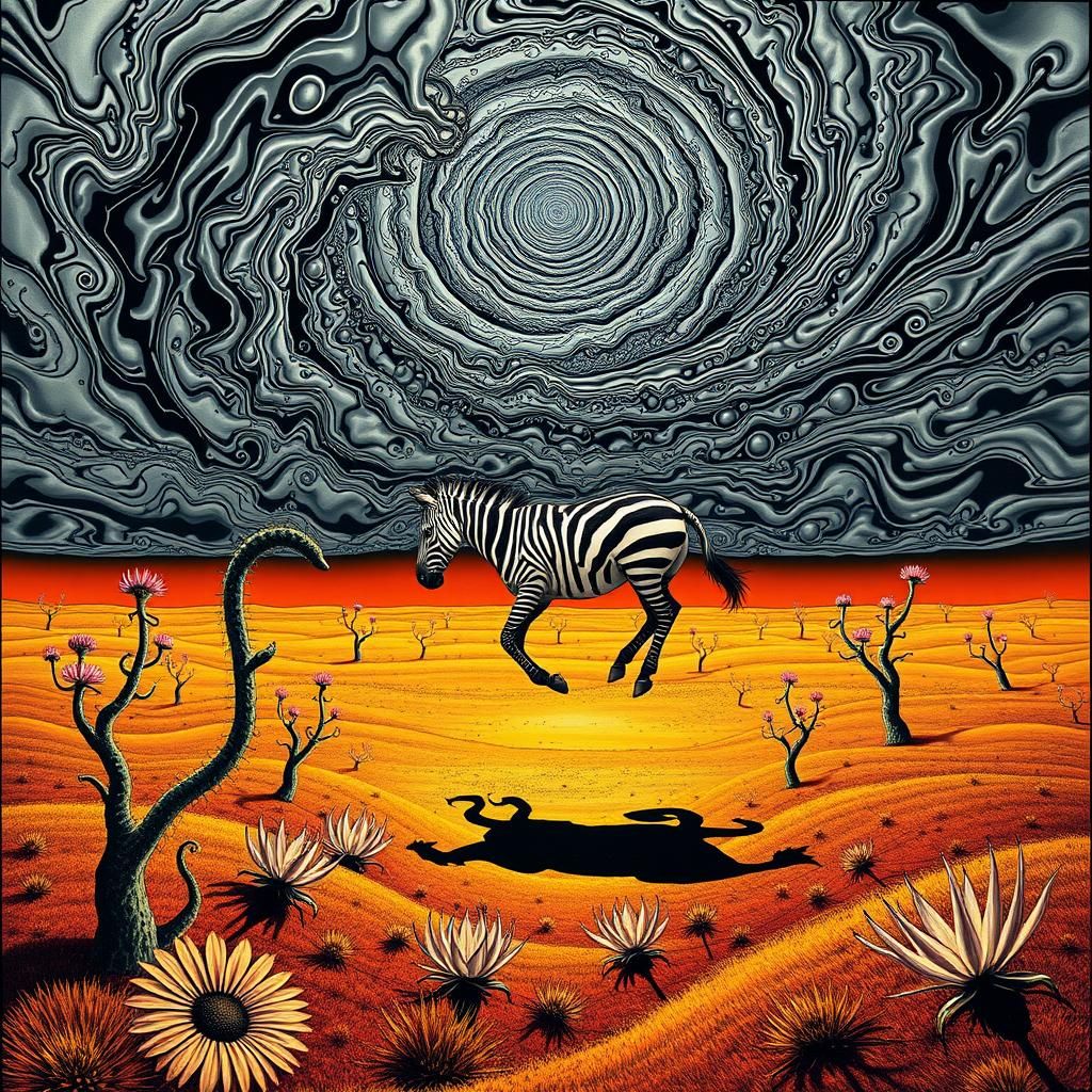Surreal Landscape with Elastic Flora and Zebra Vortex