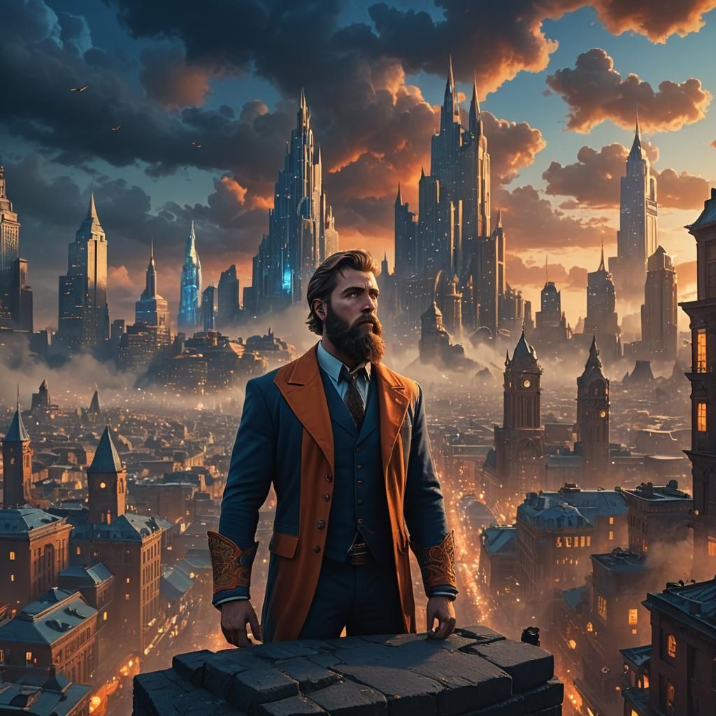 Heroic Mr. Beast in Fantastical Cityscape