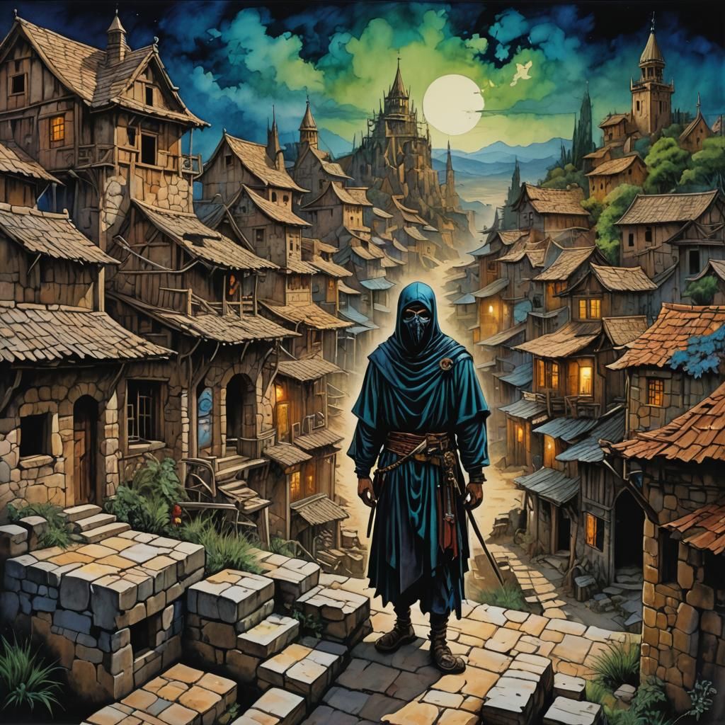 Masked Guardian Overlooking Bustling Village in Alcohol Ink