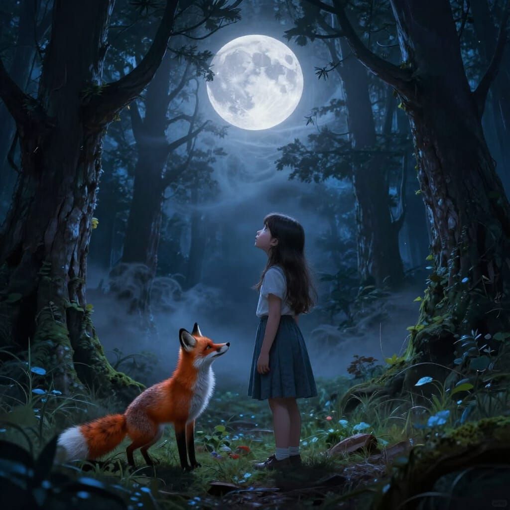 Girl and Fox Under Ethereal Full Moon in Enchanted Forest