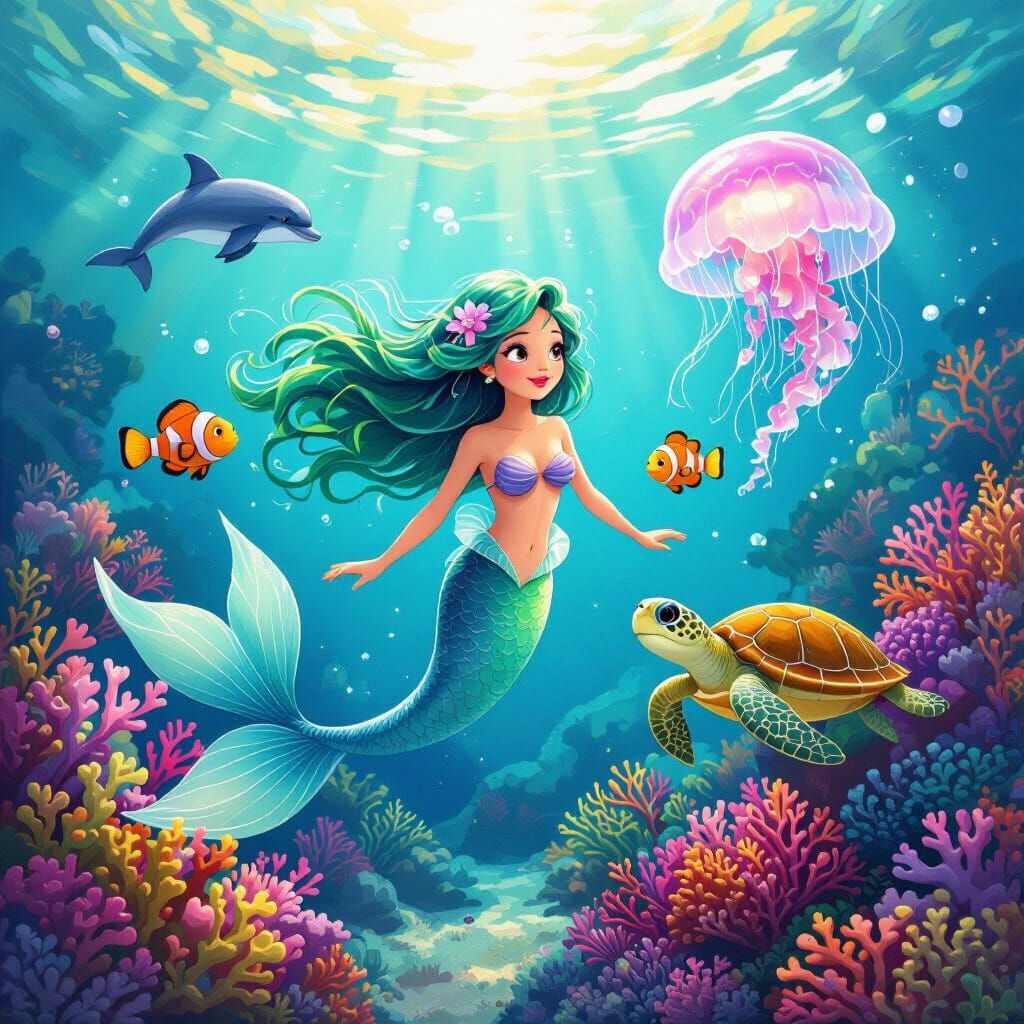 Mermaid with Nemo and Sea Turtle in Vibrant Coral Reef