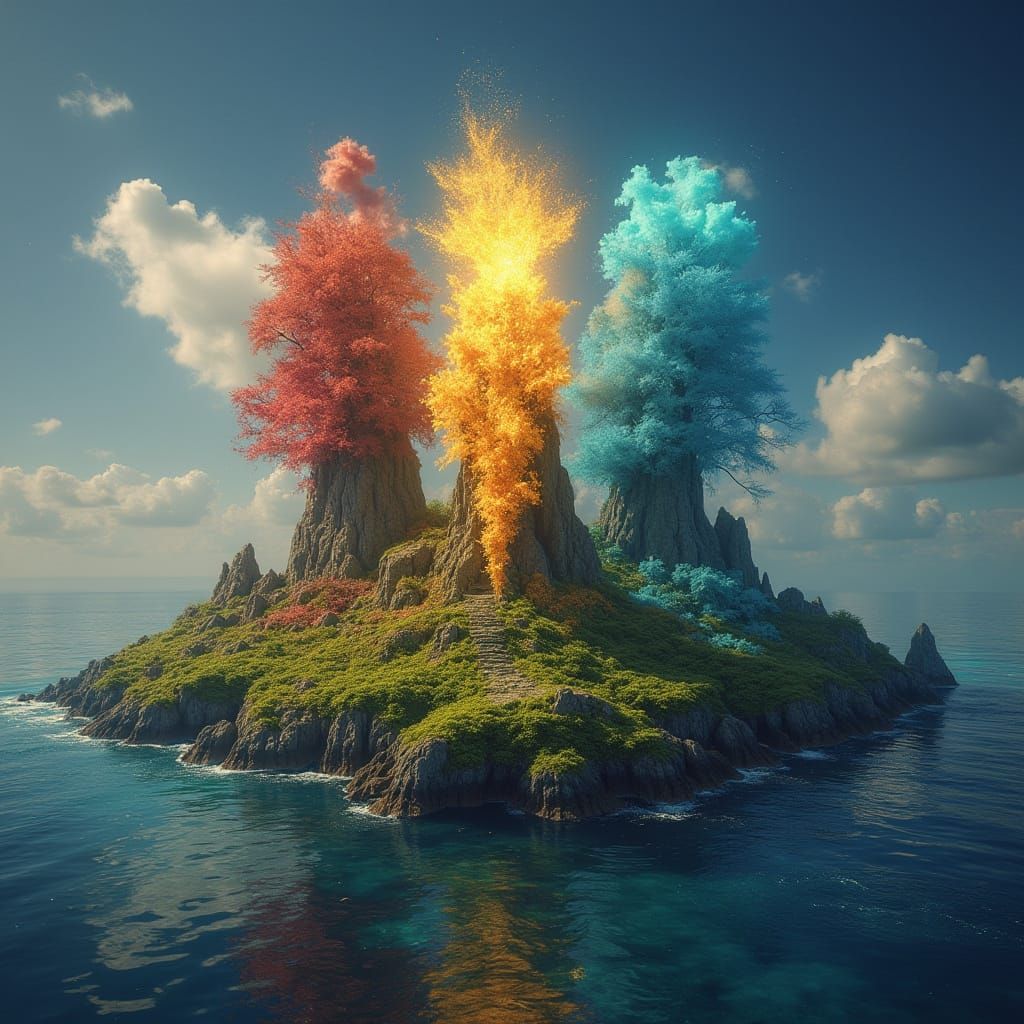 Mythical Island Elements in Vibrant Digital Art