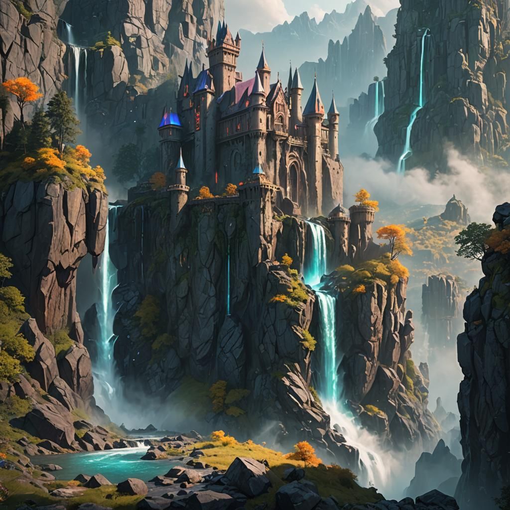 Dystopian Castle with Waterfall: Concept Art in 8k