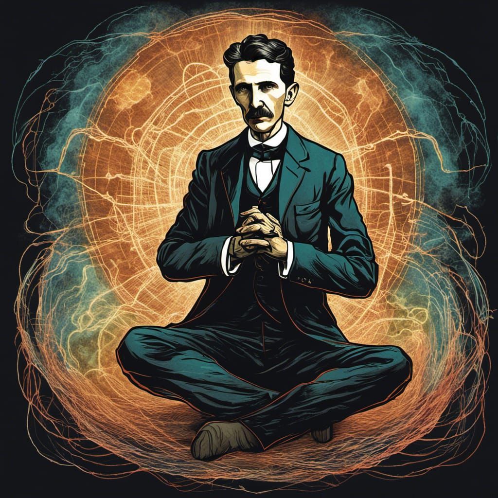 Nikola Tesla Meditating in Electric Aura