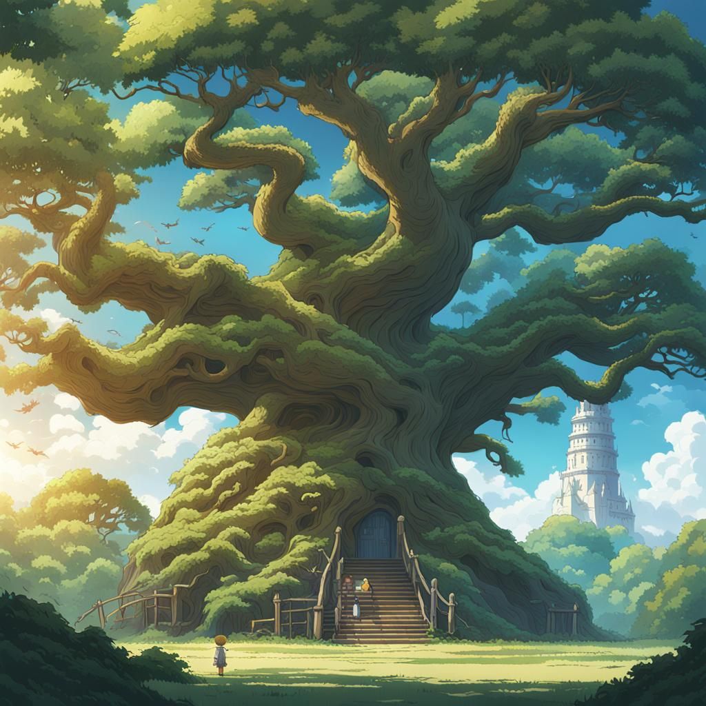 Dragon Perched on Giant Oak Tree in Anime Style