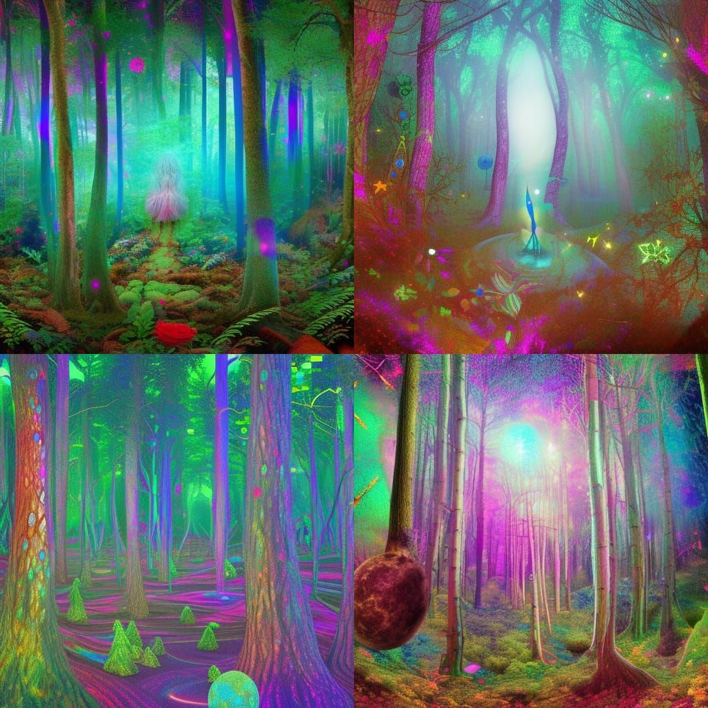 Whimsical Forest: Holographic Astral Cosmic Illustration