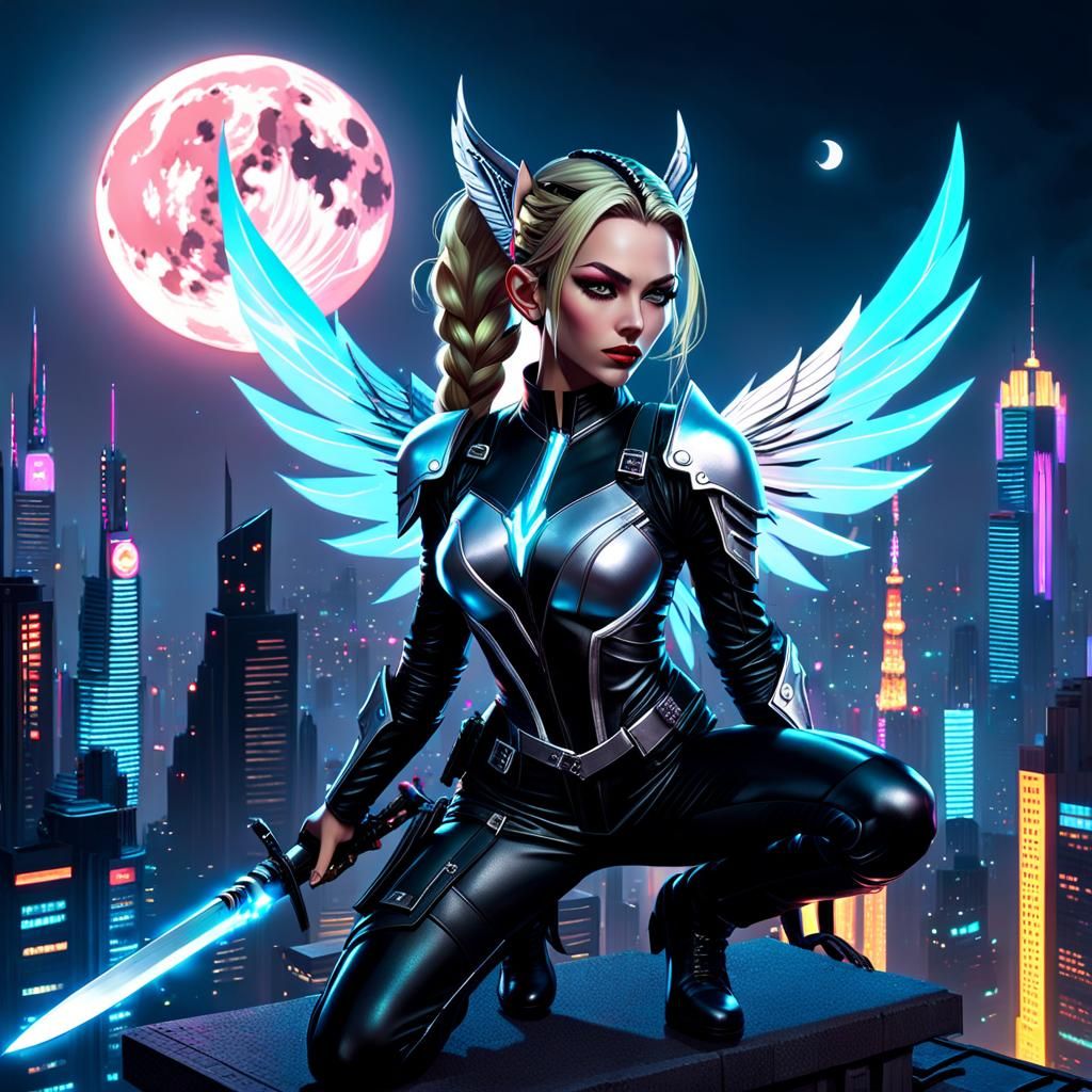 Cyberpunk Fey Assassin Overlooking Neon Cityscape