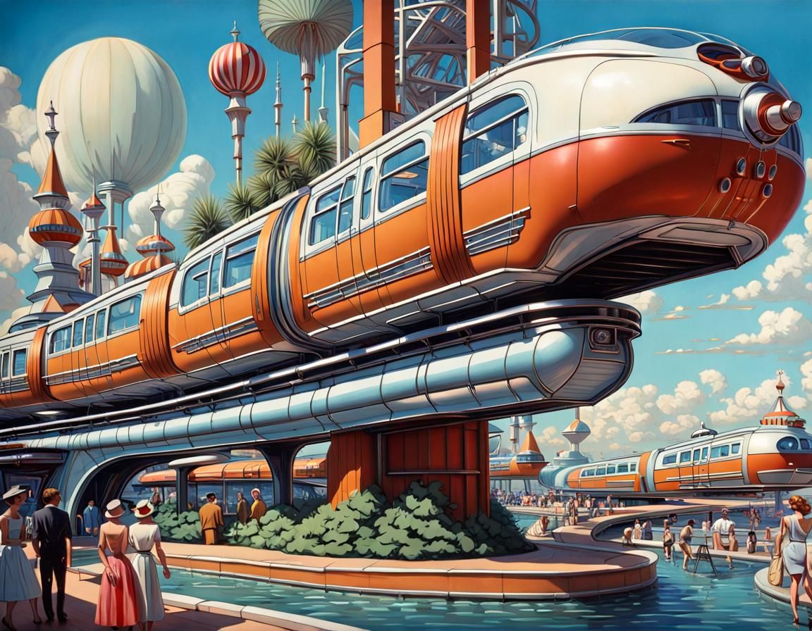 Retrofuturistic Monorail in Dieselpunk Amusement Park