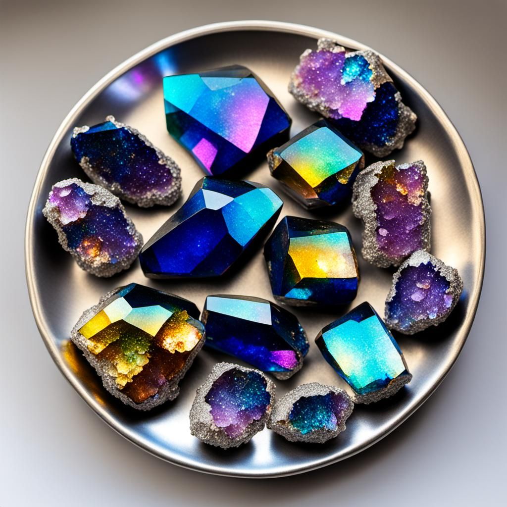 Titanium Quartz Crystals on Silver Dish