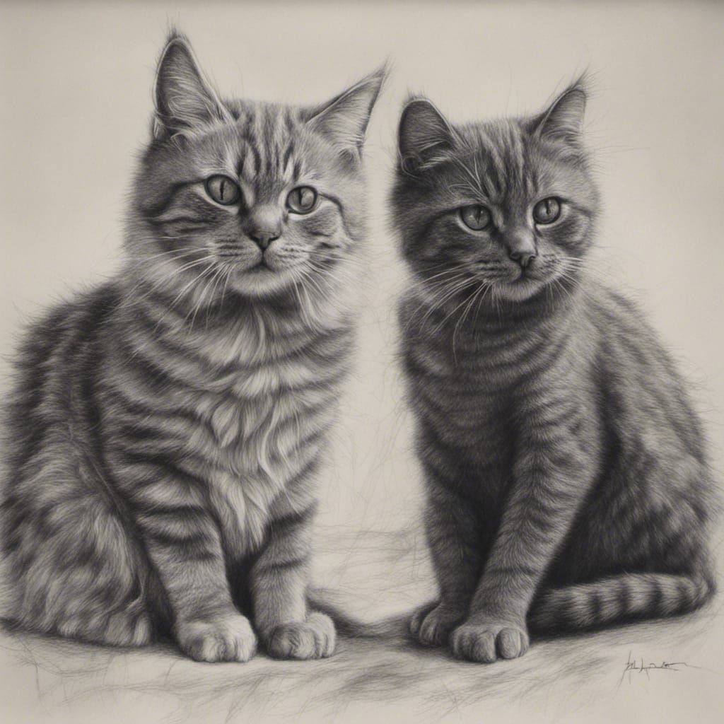 Hyperdetailed Charcoal Drawing of Cats