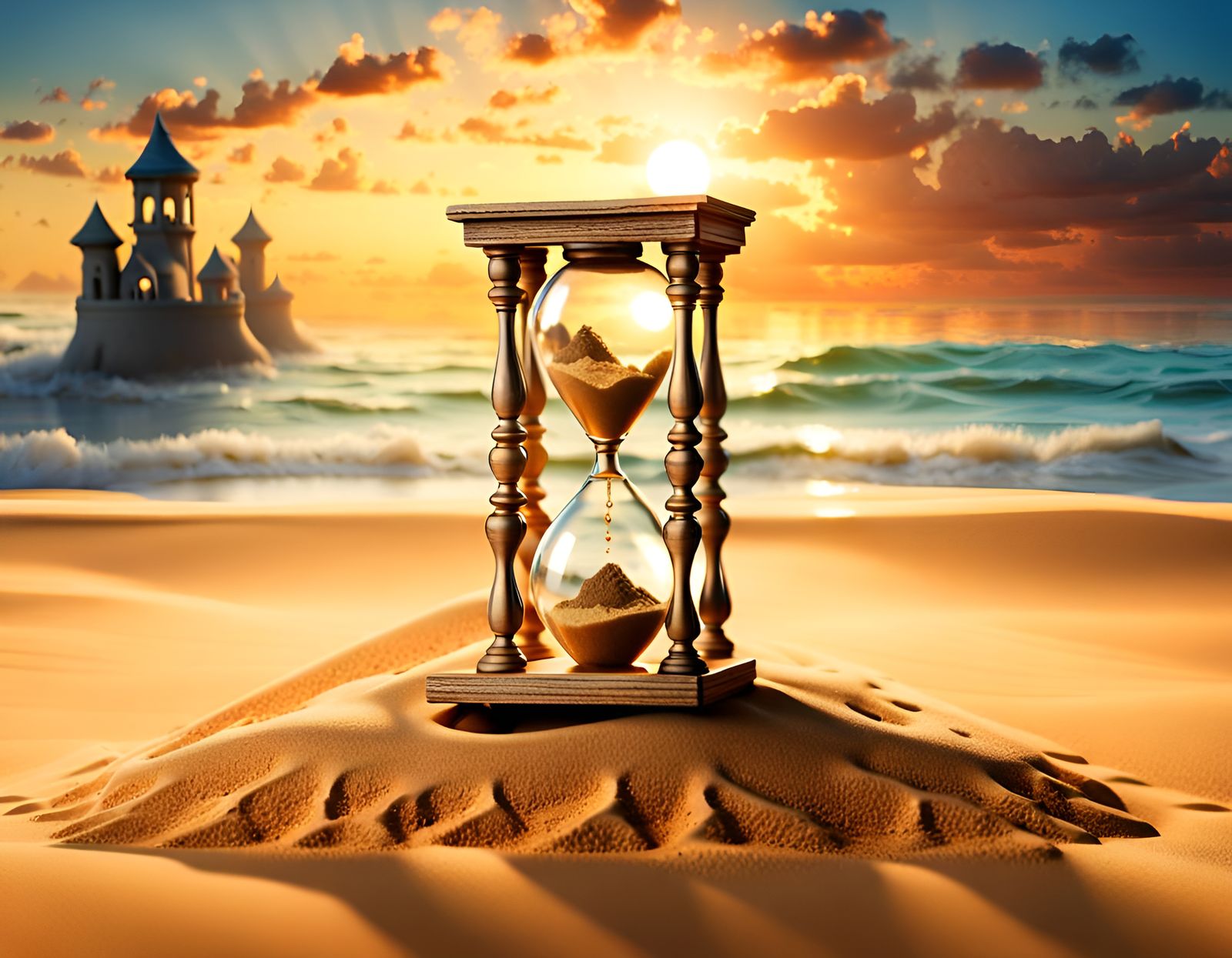 Hourglass Sandcastle in Melting Clock, Surreal Oil Gouache