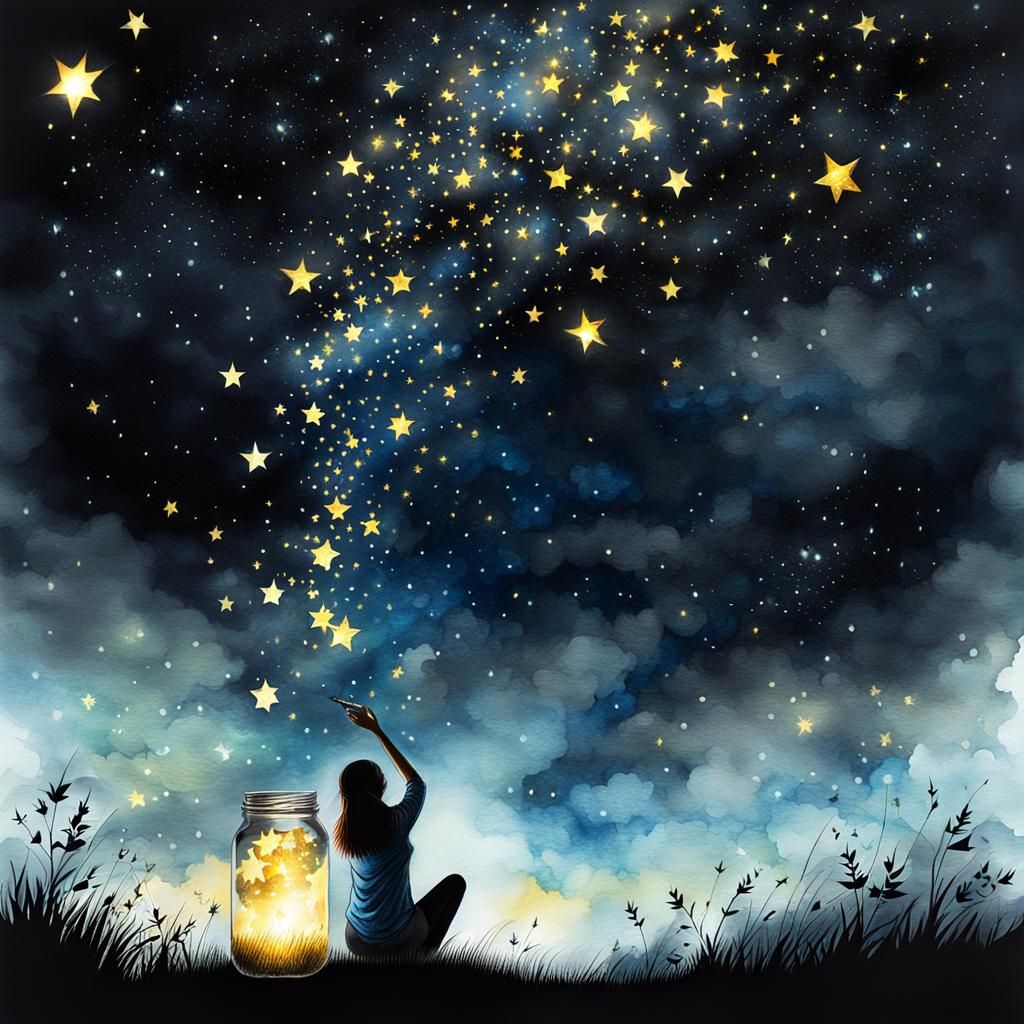 Girl Catching Stars in Jar: Metallic Watercolor Art