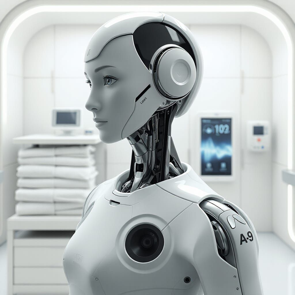 Humanoid Robot in Sterile Interior with Folds and Diagnostic...