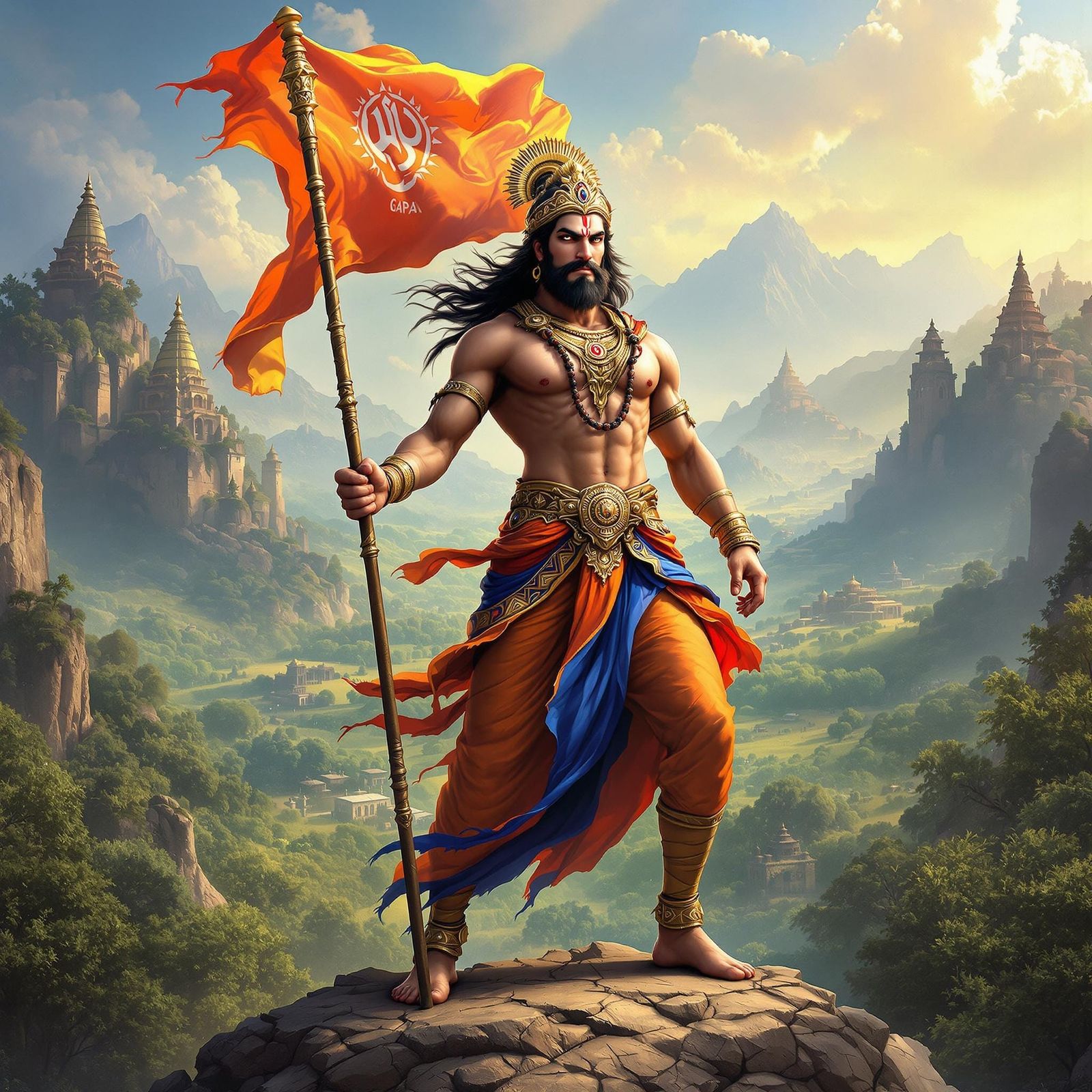 Hanuman with Flag and Mace in Indian Landscape