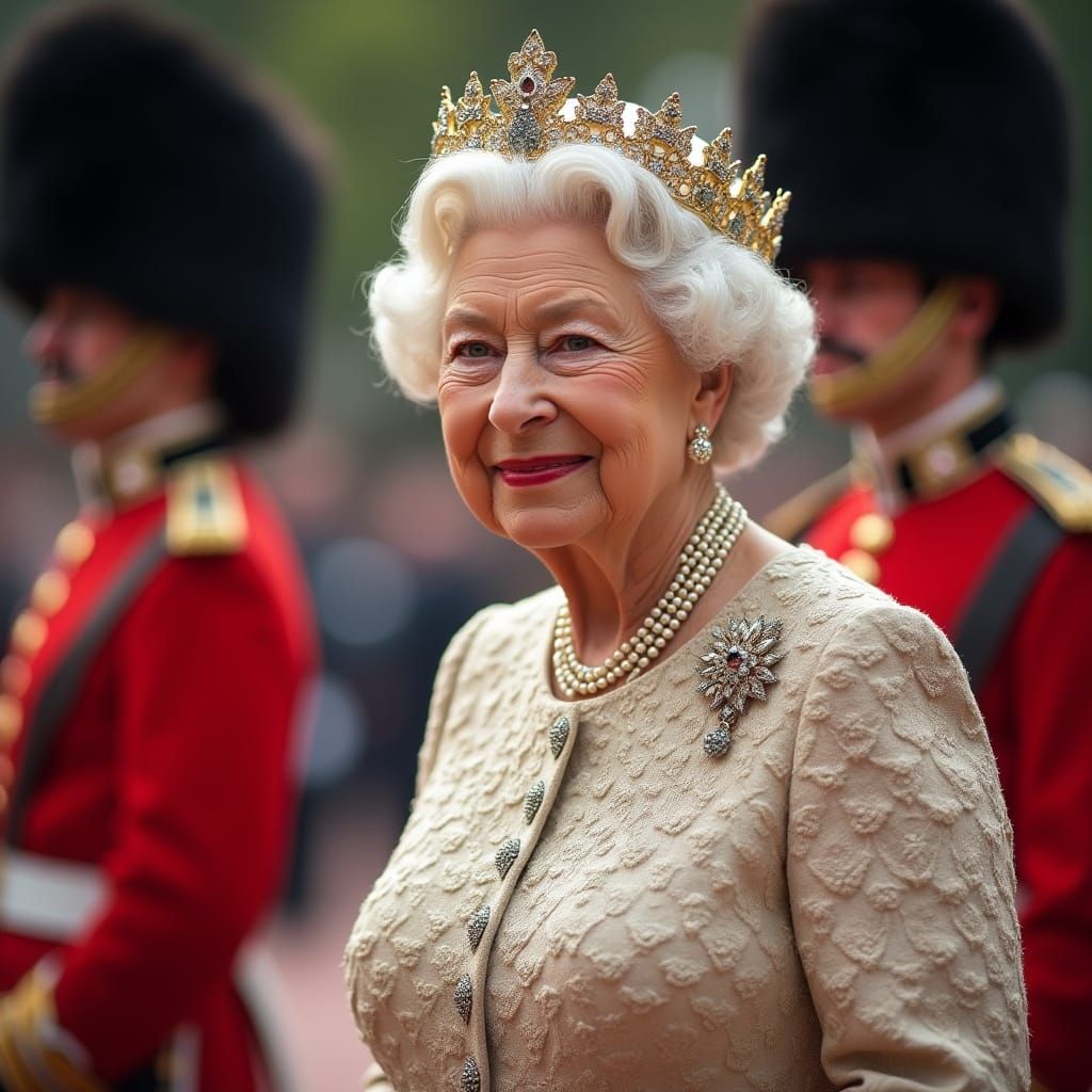Queen Elizabeth II Surrounded by Palace Guards in Elegant Fo...