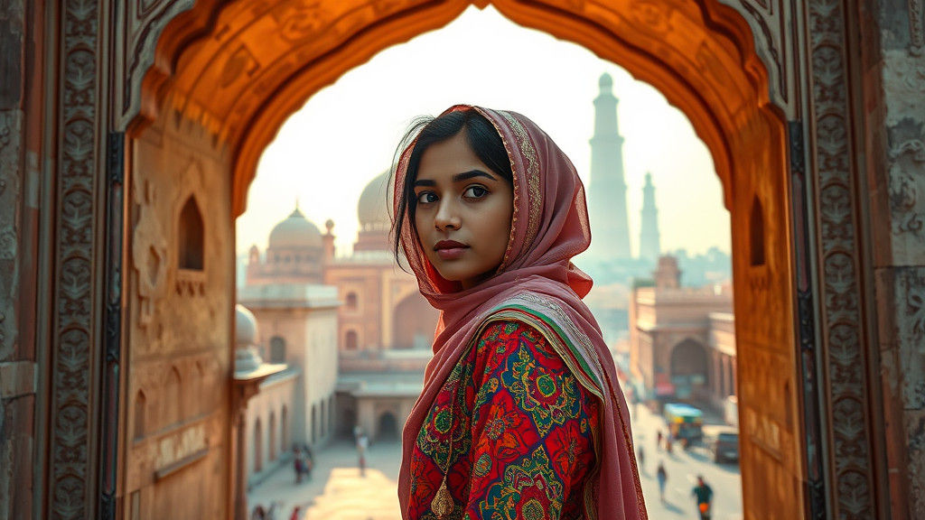 Indian Woman at Archway: Culture Meets Modernity